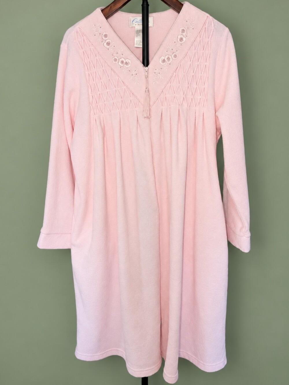 Vintage Celeste by Miss Elaine Pink Floral Embroidered Zip Robe Housecoat L